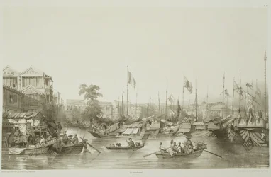 Europejskie fabryki w kantonie, tablica 23 ze „Sketches of China”, rytowana przez Eugene Ciceri (1813-90) 1842 (podbarwiony lit)